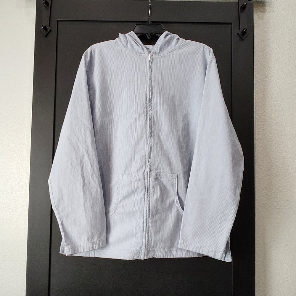 Vintage VF JEANSWEAR Hooded Pinstripe Zip Up Jacket W/ Pockets Chic Collection